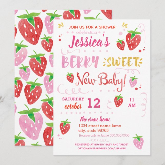 Invitación Strawberry BERRY DULCE baby shower (Anverso / Reverso)