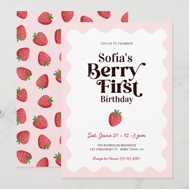 Invitación Strawberry Berry First Birthday (Anverso / Reverso)