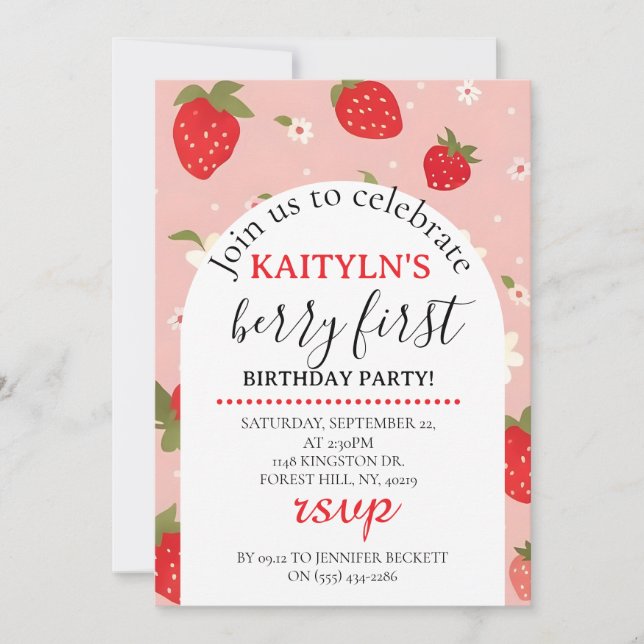 Invitación Strawberry Berry First Birthday Invitation (Anverso)