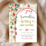 Invitación Strawberry Berry First Birthday Invitation<br><div class="desc">Strawberry Berry First Birthday Invitation,  Pink Gingham Bow Birthday Invite,  Sage Green Gingham 1st Birthday Invite</div>