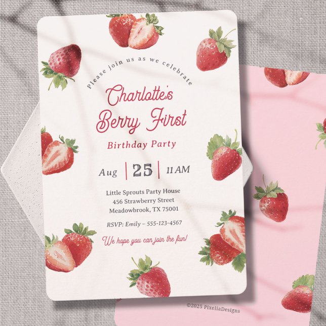 Invitación Strawberry Berry First Girl 1st Birthday (Modern Berry First-Strawberry Themed Girl 1st Birthday invitation for Spring Birthday party.)