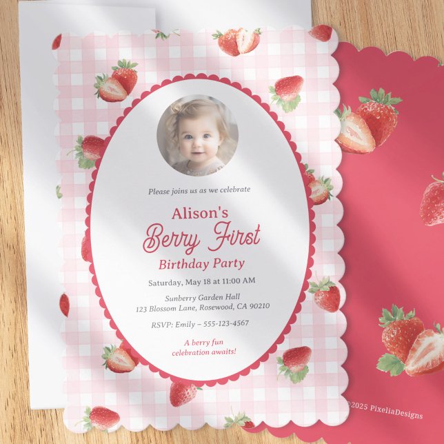 Invitación Strawberry-Berry First Girl 1st Birthday Photo (Strawberry Themed Berry First Birthday invitation with photo.)