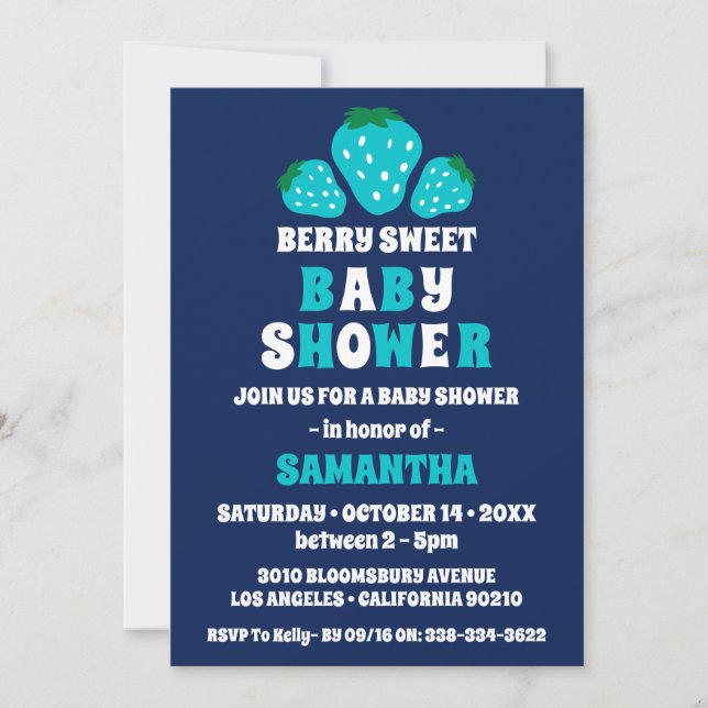 Invitación Strawberry Berry Sweet Blue Boy Baby Shower (Anverso)