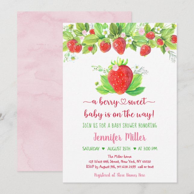 Invitación Strawberry Berry Sweet Floral Baby Shower (Anverso / Reverso)