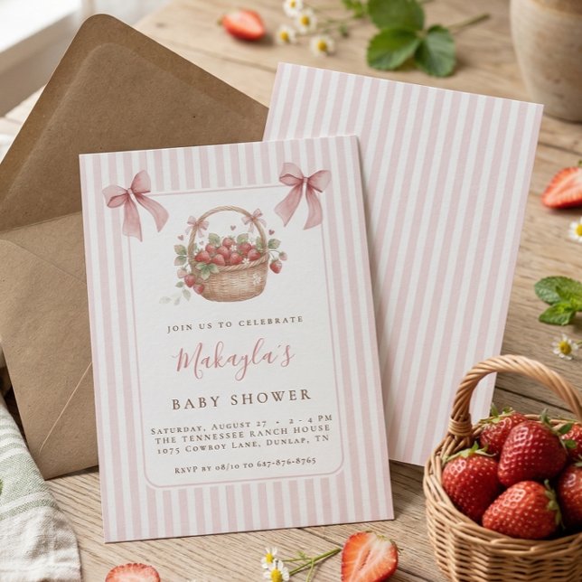Invitación Strawberry Berry Sweet Pink Stripe Bow Baby shower (Subido por el creador)