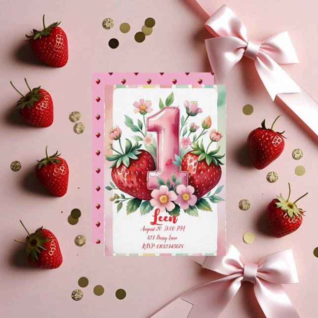 Invitación Strawberry Birthday Invitation | Cute Pink Red Gir (Subido por el creador)