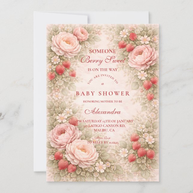 Invitación Strawberry Blush Floral Baby Shower (Anverso)