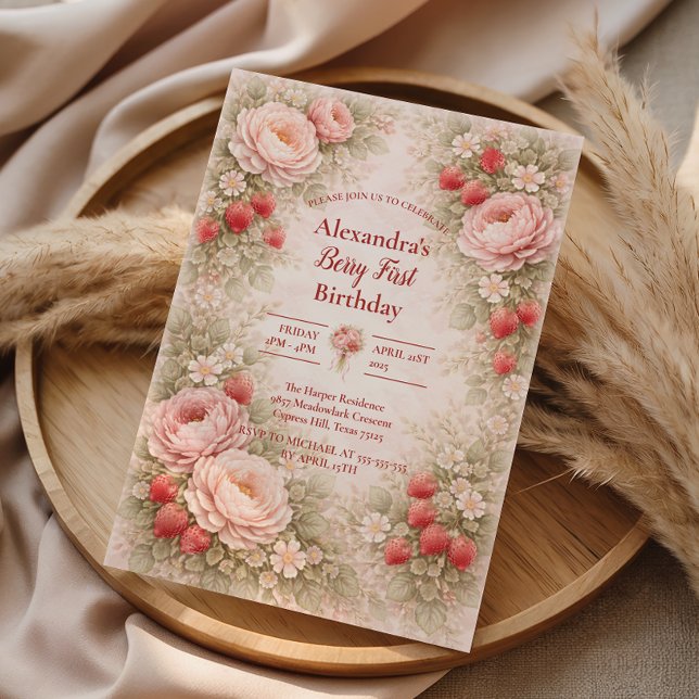 Invitación Strawberry Blush Garden Celebration 1st Birthday (Subido por el creador)