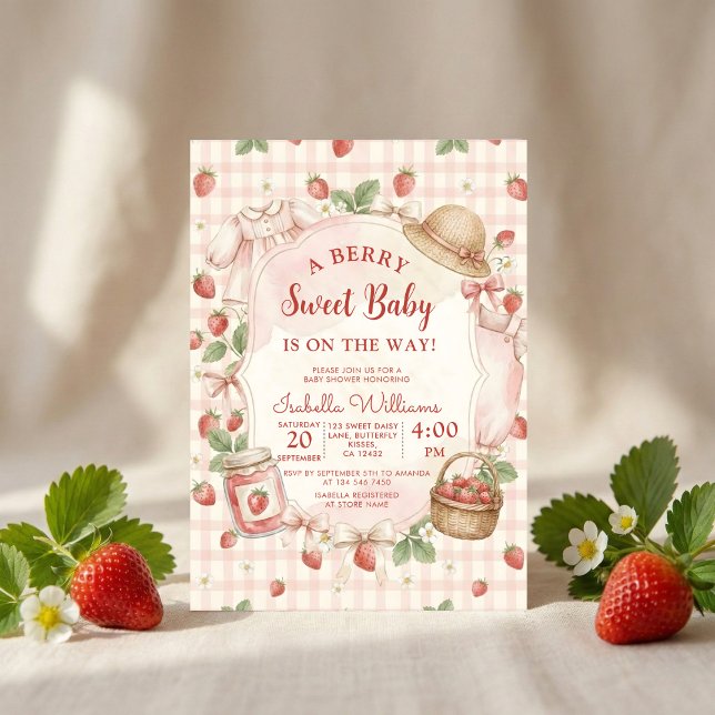Invitación Strawberry bow baby shower First Berry Sweet (Subido por el creador)