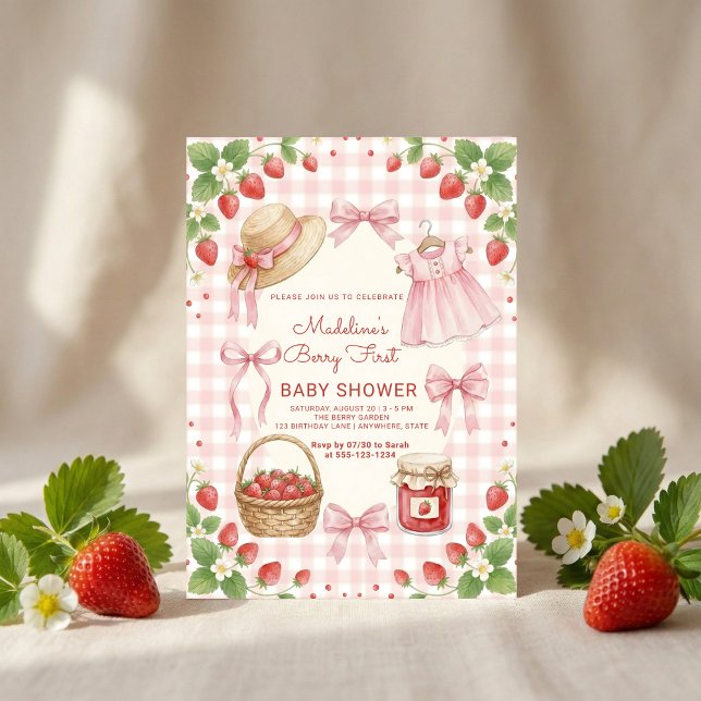 Invitación Strawberry bow baby shower First Berry Sweet (Subido por el creador)
