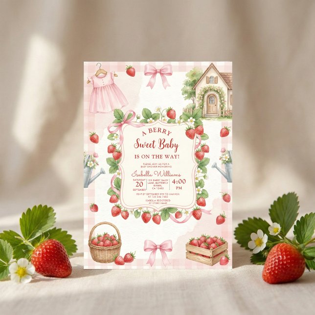 Invitación Strawberry bow baby shower First Berry Sweet (Subido por el creador)