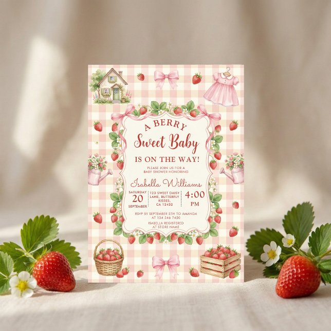 Invitación Strawberry bow baby shower First Berry Sweet (Subido por el creador)