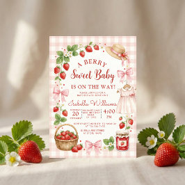 Invitación Strawberry bow baby shower First Berry Sweet