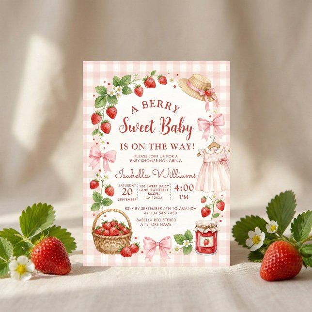 Invitación Strawberry bow baby shower First Berry Sweet (Subido por el creador)