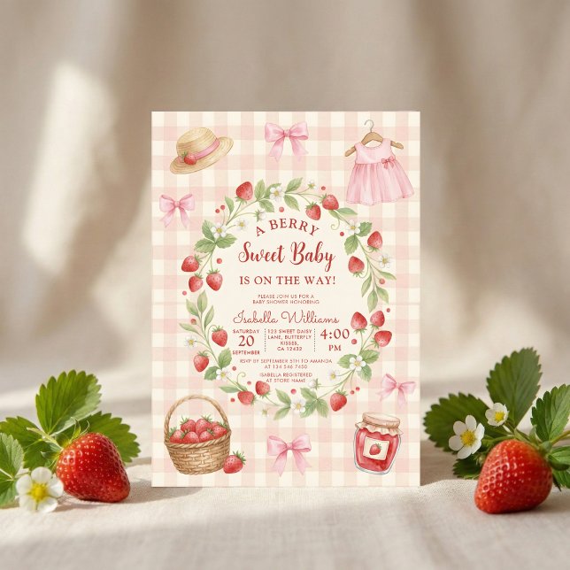 Invitación Strawberry bow baby shower First Berry Sweet (Subido por el creador)