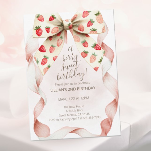 Invitación Strawberry Bow Berry Sweet Second Birthday  (Subido por el creador)