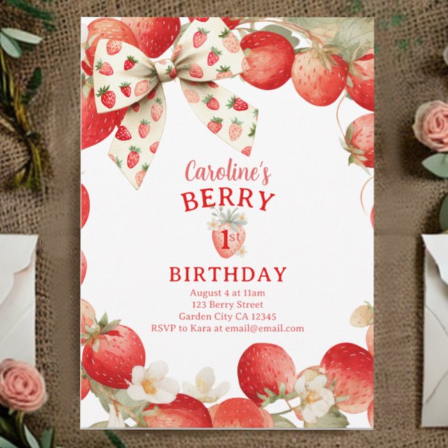 Invitación Strawberry Bow Girls Berry First Birthday (Subido por el creador)