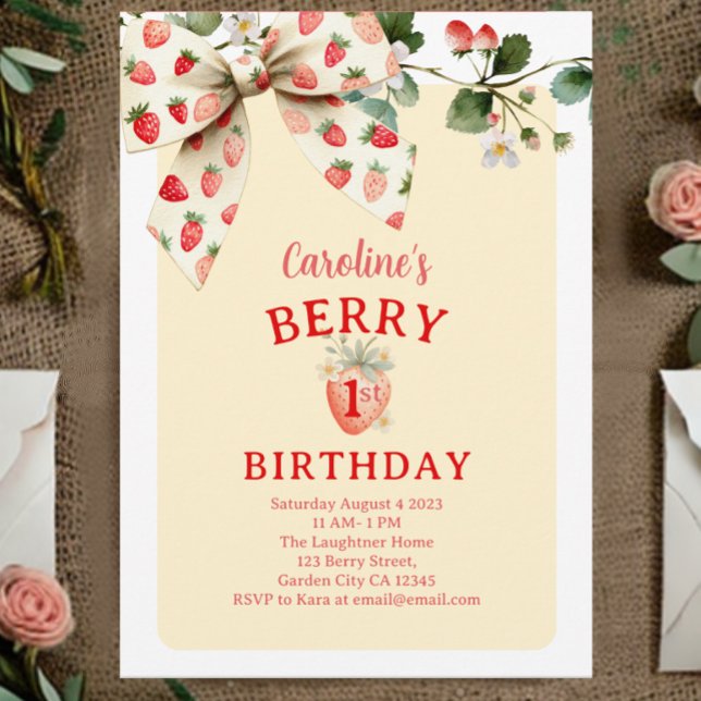 Invitación Strawberry Bow Girls Berry First Birthday (Subido por el creador)