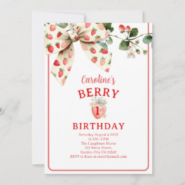 Invitación Strawberry Bow Girls First Birthday