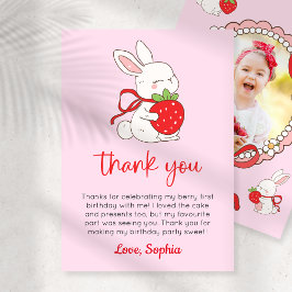 Invitación Strawberry Bunny 1st Birthday Photo Thank You Card