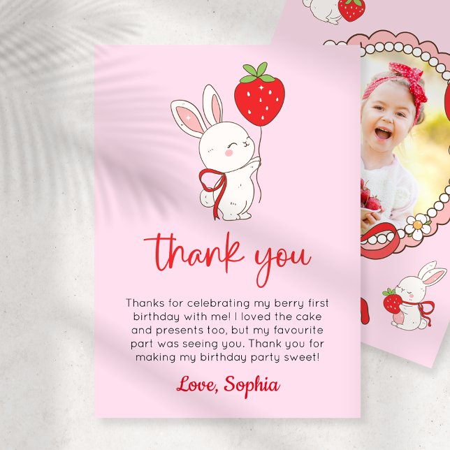 Invitación Strawberry Bunny Birthday Photo Thank You Card (Subido por el creador)
