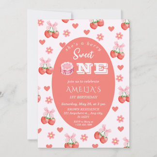 Invitación Strawberry & Cherry Floral 1st Birthday with photo