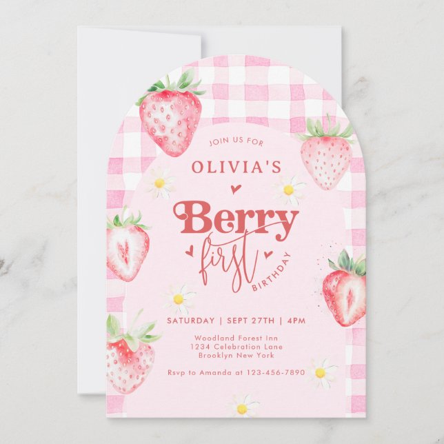 Invitación Strawberry Daisy Berry Primera foto Arco Cumpleaño (Anverso)