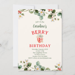 Invitación Strawberry Floral First Girls Birthday