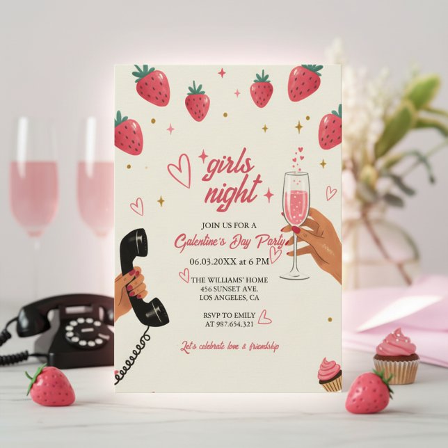 Invitación Strawberry Galentine's Girls Night Party  (Strawberry Party Invite)