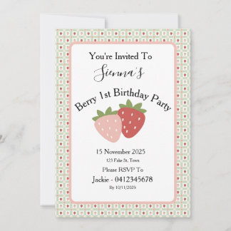 Invitación Strawberry Gingham First Birthday Party
