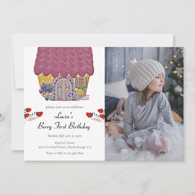 Invitación Strawberry House Berry Primer Chica Primer Cumplea (Anverso)