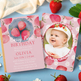Invitación Strawberry Pink 1st Birthday Watercolor 