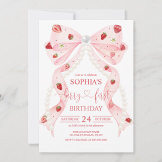 Invitación Strawberry Pink Bow Pearl 1st Birthday