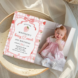 Invitación Strawberry Pink Gingham 2do cumpleaños Fiesta Foto