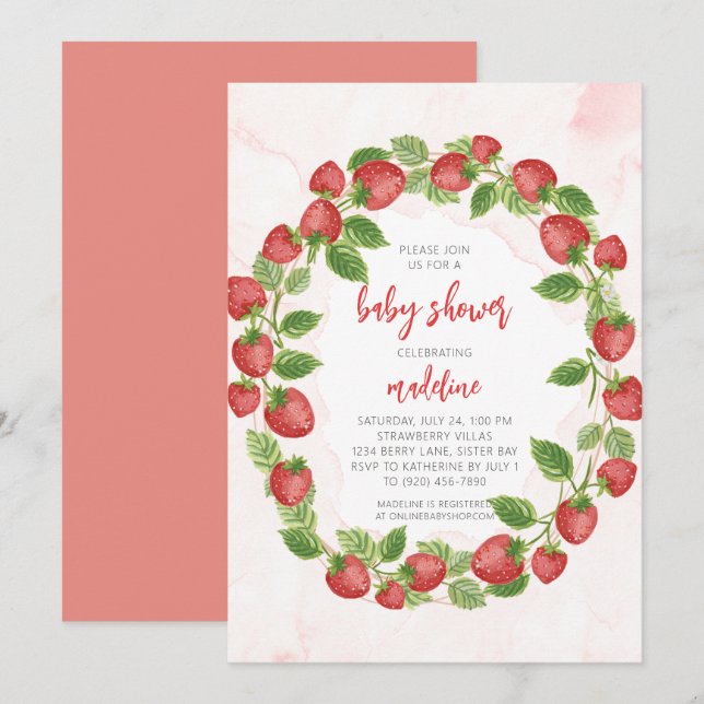 Invitación Strawberry Strawberries Wreath Baby Shower (Anverso / Reverso)