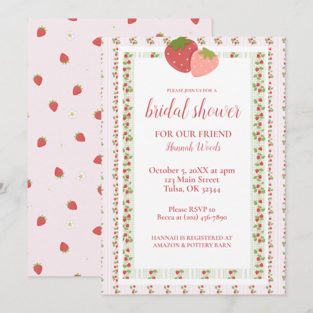 Invitación Strawberry Stripes Grandmillenienne Shower (Anverso / Reverso)