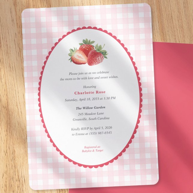 Invitación Strawberry themed-Spring Baby Girl Shower (Strawberry Themed Baby Girl Shower Invitation-Vintage spring pink gingham background.)