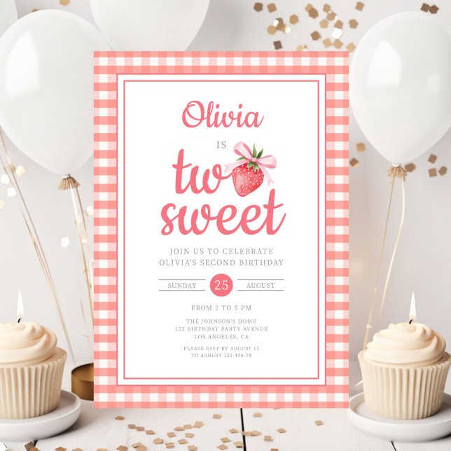 Invitación Strawberry Two Sweet 2nd Birthday Party (Strawberry Two Sweet 2nd Birthday Party Invitation)