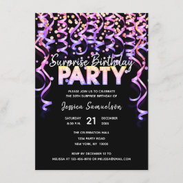 Invitación Streamers de color negro SORPRENDEN FIESTA DE CUMP