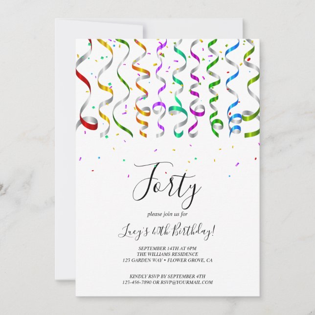 Invitación Streamers de colores y Confetti cumpleaños número  (Anverso)