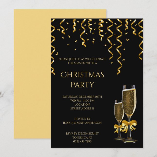 Invitación Streamers de oro y Navidades de Champagne (Anverso / Reverso)