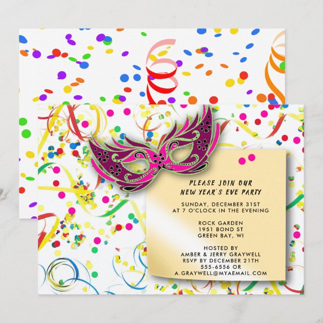 Invitación Streamers y Fiesta de Nochevieja de Confetti (Anverso / Reverso)