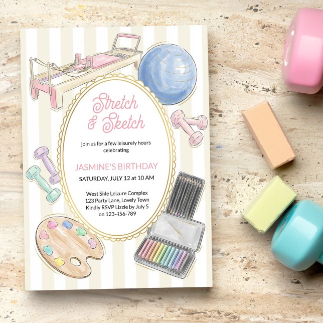 Invitación Stretch and Sketch Pilates Art Birthday Party (Stretch and Sketch invitation - activity based celebration, fitness / craft workshop event etc)