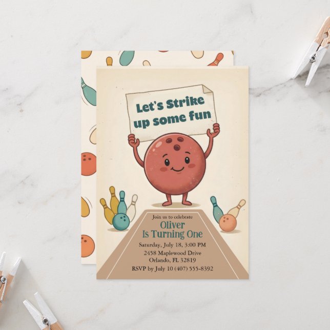Invitación Strike Up Some Fun Bowling Party Boy 1st Birthday (Anverso/Reverso In Situ)