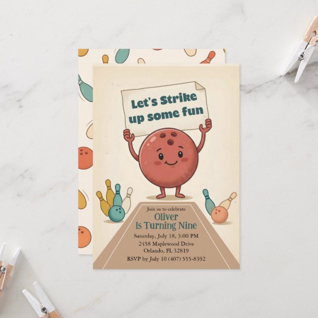 Invitación Strike Up Some Fun Bowling Party Boy 9th Birthday (Anverso/Reverso In Situ)