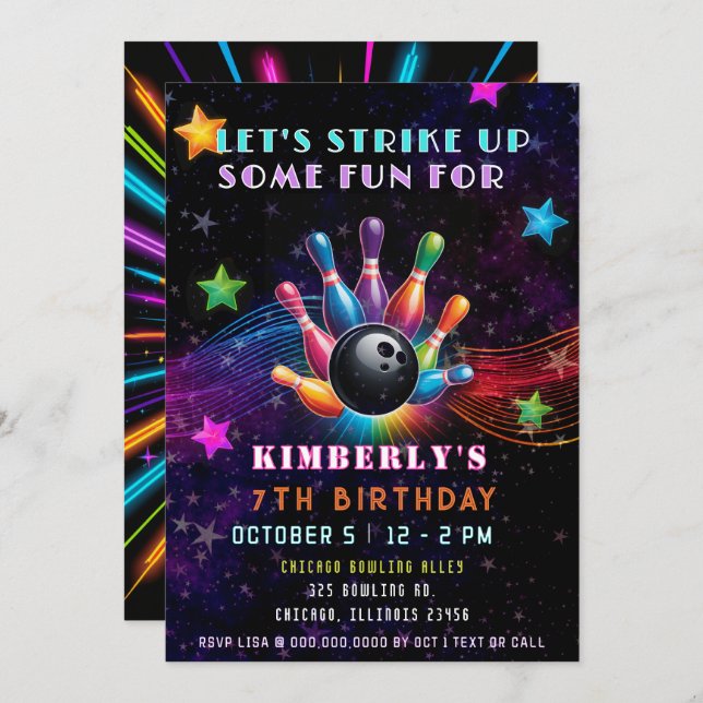 Invitación Strike Up Some Fun Neon Glow Bowling Birthday (Anverso / Reverso)