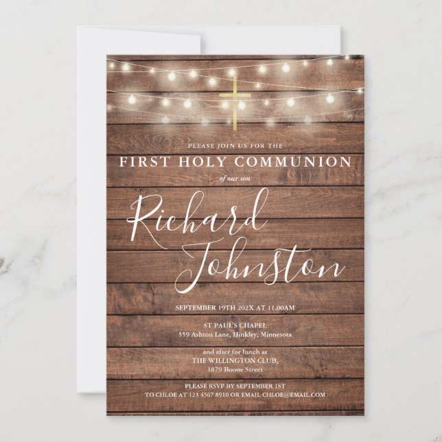 Invitación String ilumina la Madera Rustica Primera Comunión  (Anverso)