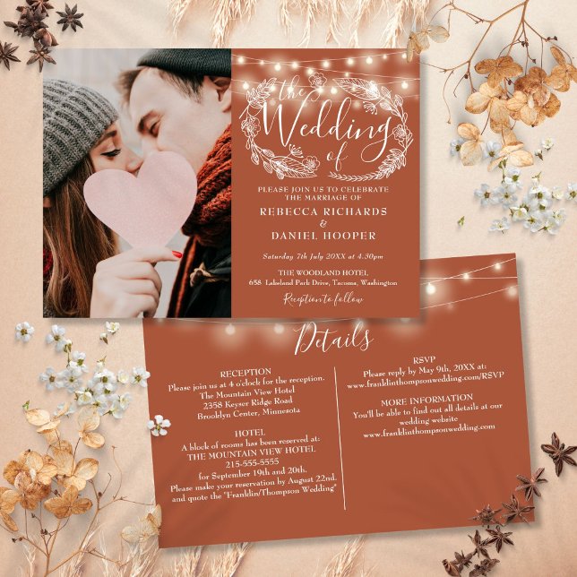 Invitación String Ilumina Terracotta Photo All In One Boda (String Lights Terracotta Photo All In One Wedding Invitation)