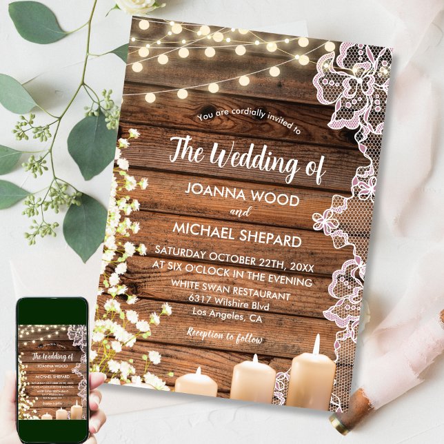 Invitación String Lights Baby's Breath & Lace Wood Boda (Subido por el creador)