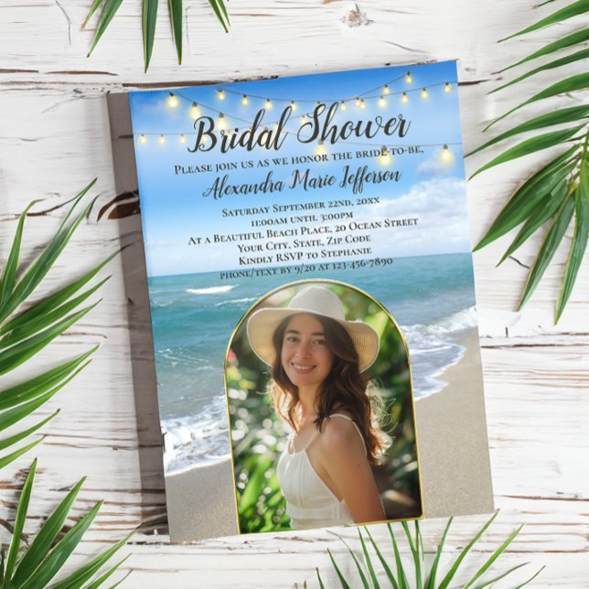 Invitación String Lights Beach Bridal Shower Arch Photo (arched frame bridal shower invitation string lights photo template printed invites)